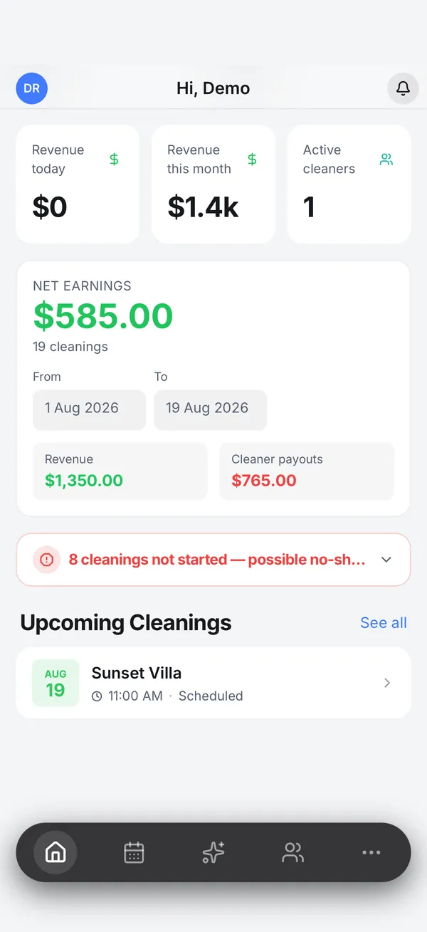 VivaClean app dashboard: revenue, net earnings and upcoming cleanings